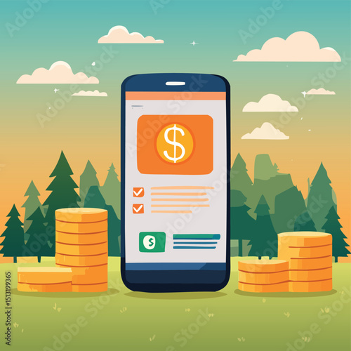 Smartphone showing financial app interface with money icons