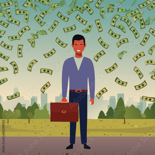 Man with briefcase standing under raining banknotes
