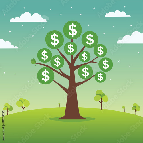 Business growth tree with leaves shaped like dollar signs