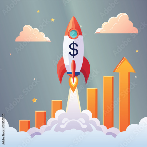 Dollar sign rocket launching with smoke trail of graphs