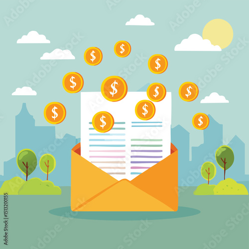 Open envelope with financial documents flying out