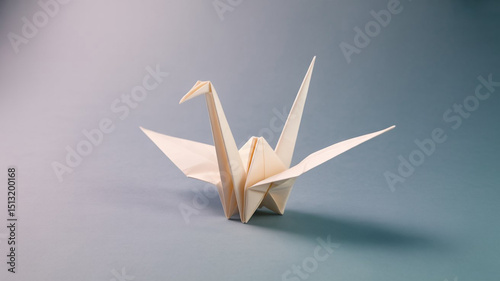 Beige paper origami crane placed on a flat surface with shadow