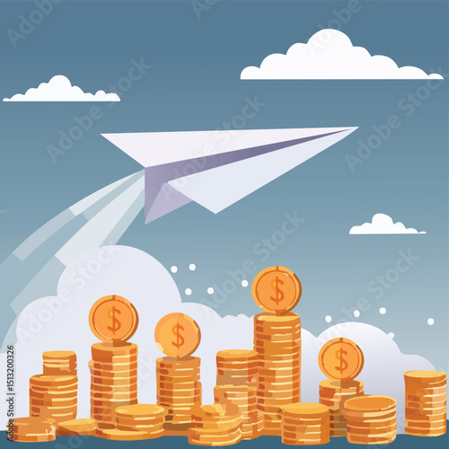 Paper airplane made from a financial statement soaring above clouds of success icons