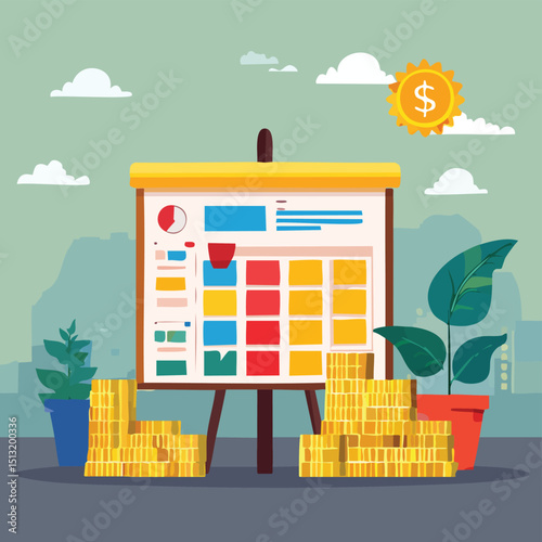 Financial planning board with sticky notes, spreadsheets, and income tracking visuals