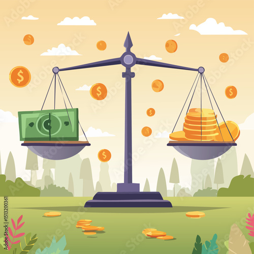 Balance scale weighing savings against expenses with money symbols floating around
