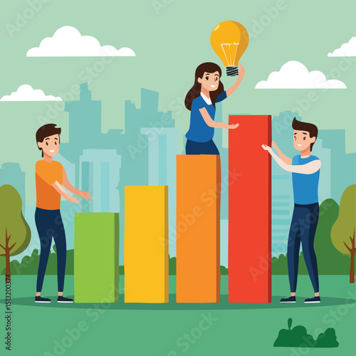 Three people building bar chart blocks like a puzzle to track business growth