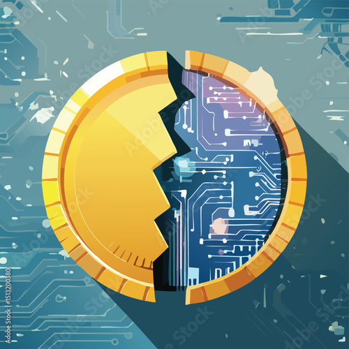 Golden coin breaking open to reveal network of microchips and digital data