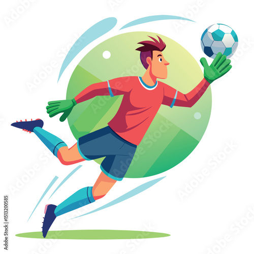 Goalkeeper Diving Catching Soccer Ball, Isolated Cartoon on White Background
