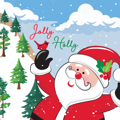 Christmas Whimsical Santa Claus in Snowy scene Isolated Pattern with Jolly Jolly Text and Cardinal Bird- Christmas Santa Claus Print Vector Illustration