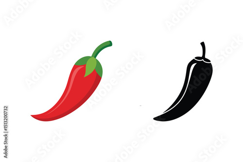 Red chili pepper illustration with black silhouette version on isolated white background