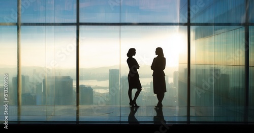 Silhouetted figures stand against a cityscape backdrop, encapsulated in glass, hinting at discussion in a highrise setting.