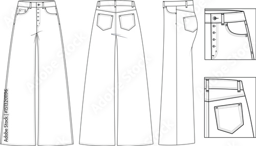 Women's Wide-Leg Jeans – Front & Back Fashion Flat Sketch, Technical Drawing, and Vector Mockup Template