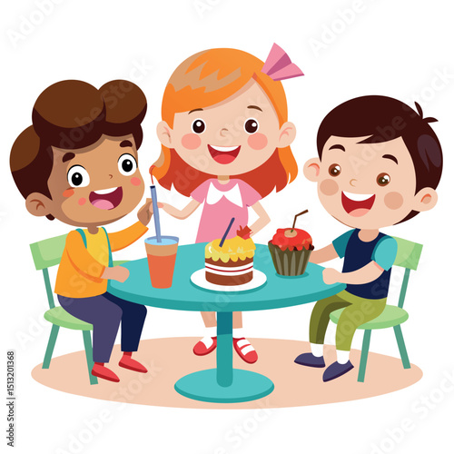 Happy Cartoon Children Around Table Enjoying Sweets and Drink Design