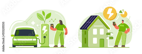 Electric car vehicle charging. Efficient and economical electricity consumption at home. Sustainable green energy