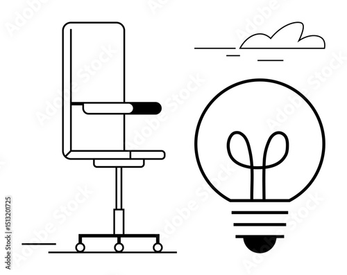 Ergonomic office chair beside a glowing light bulb representing creativity, comfort, ideas, and workspace solutions. Ideal for innovation, brainstorming, efficiency, office design, creative thinking