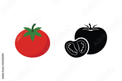 Fresh red tomato vegetable icon with slice black silhouette isolated illustration