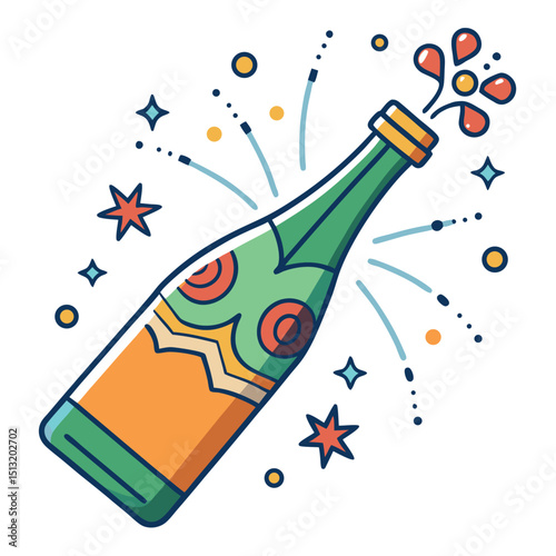 Isolated Champagne Bottle Bursting with Confetti, Stars, and Bubbles; Festive Celebration
