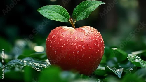 Fresh Red Apple with Water Droplets on Green Leaves in Natural Light close up