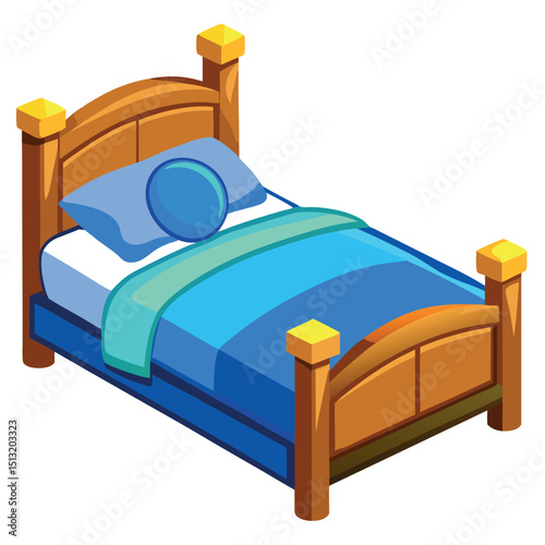 Isometric Bed Wooden Frame, Blue Bedding, Pillows, Isolated Design