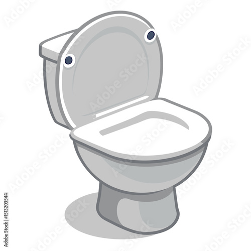 Isometric of White Toilet Bowl with Raised Lid Isolated on White Clean