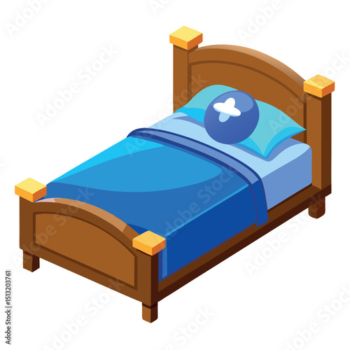 Isometric Wooden Bed with Blue Bedding and Pillow, Square Isolated on White