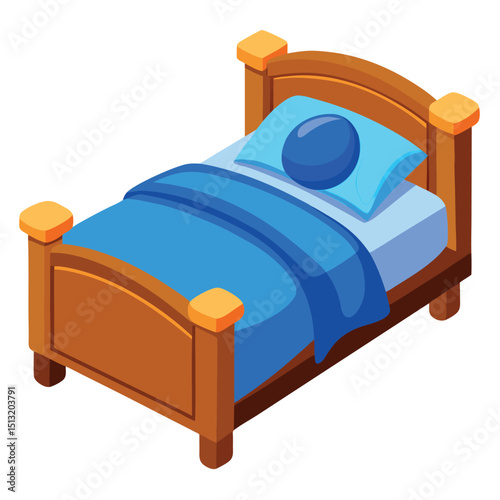 Isometric Wooden Bed with Blue Bedding, Classic Style Furniture Isolated on White
