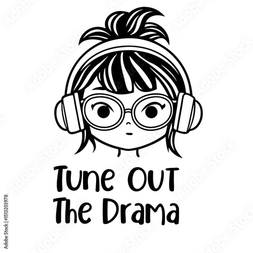 Young girl in headphones and glasses is tuning out the drama with transparent background