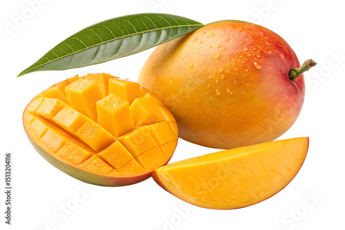 Wallpaper Mural Fresh Mango Fruit with Leaf Half Cut and Slice Isolated on Black Torontodigital.ca