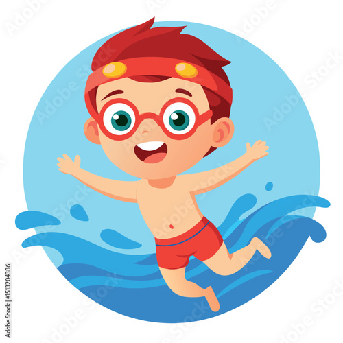 Joyful Boy Swimmer Cartoon Character with Red Hair, Goggles, and Red Swim Trunks