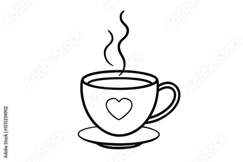 Hot aroma coffee cup with heart shape line art vector illustration