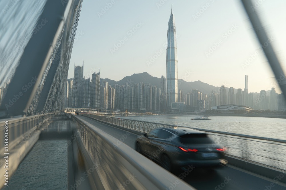 Fototapeta premium Cityscape view from a bridge with a moving car. Urban highway scene with a modern skyscraper