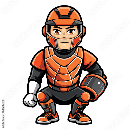 Mascot Character Cartoon Asian Athlete in Orange and Black Protective Sportswear Squatting