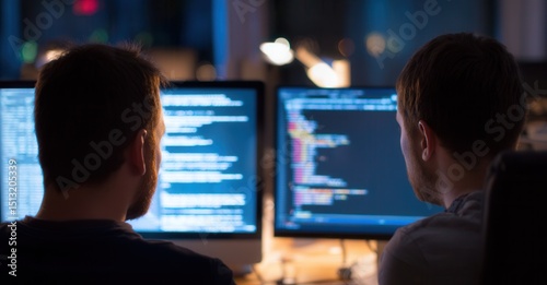 Two programmers collaborate on coding project, working late into night, illuminated by screen's glow.