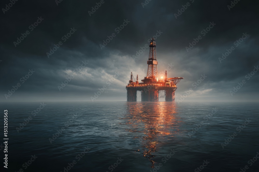 Obraz premium Offshore Drilling Platform at Sea with Dramatic Lighting