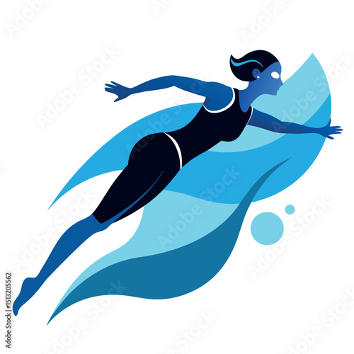 Modern Swimmer Silhouette in Motion, Abstract Blues, Woman Athlete on White Background