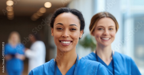 Smiling healthcare professionals stand confidently. Their positive expressions inspire trust and comfort in a medical environment.