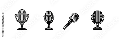 Isolated retro metal microphone and vintage flatware silhouette set design