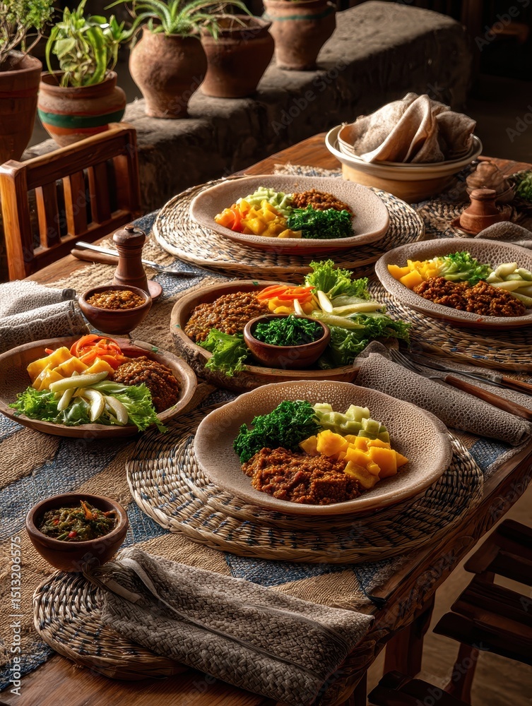 Cozy Ethiopian meal with vibrant dishes on rustic wooden table. Cozy Ethiopian meal with vibrant dishes on rustic wooden table.