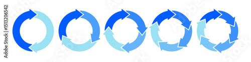 Blue circle transition stages. Circular arrows. Diagram infographic set. Rotation cycle vector 2, 3, 4, 5, 6, parts. Cyrcle, process, and flow concept