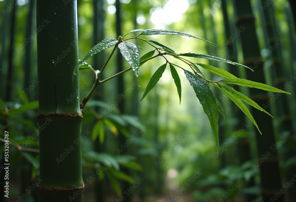 Fototapeta premium Fresh Green Bamboo Forest After Rain Dew Drops on Leaves and Stalks