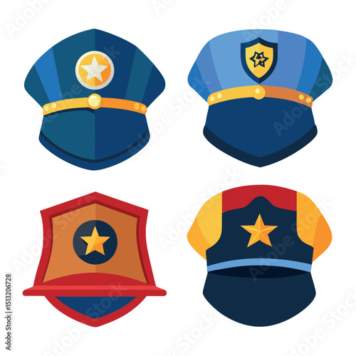 Police Cap Flat Design, Uniform, Blue and Gold Color, Star Badge Icon