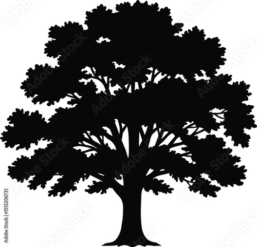 Black silhouette of a large oak tree against white background represents nature and growth ideal for graphic design projects