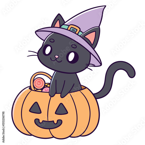 Black cat wears witch hat and sits inside smiling pumpkin bucket filled with candy