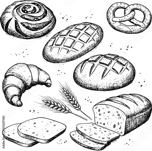 Bread clip art. Bakery clip art set in sketch style, isolated on white background. EPS 10 version.