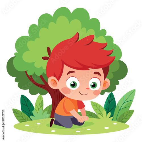 Redhead Boy Crouching in Garden, Smiling with Green Eyes Under a Tree with Greenery