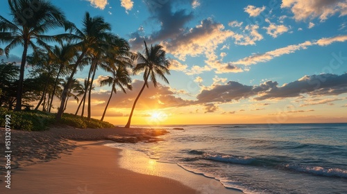 Tropical beach paradise during golden sunset with palm trees silhouette