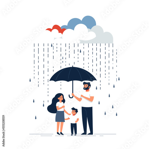 Happy family under umbrella in the rain