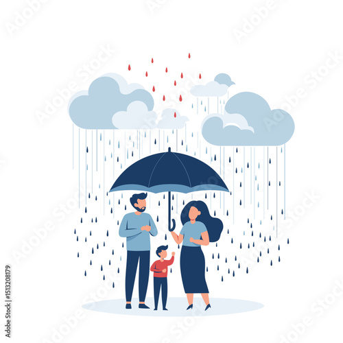 Happy family under umbrella in the rain