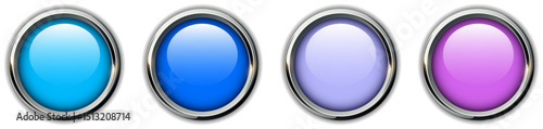 Purple blue shiny buttons set with metal chrome edges.