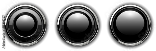 Black gray shiny buttons set with metal chrome edges.